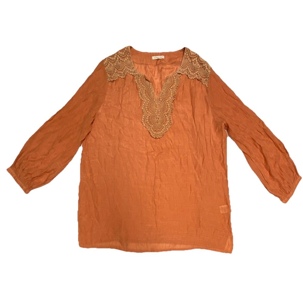 Indigo Soul Blouse Womens XL Burnt Orange Semi Sheer Lace Detail